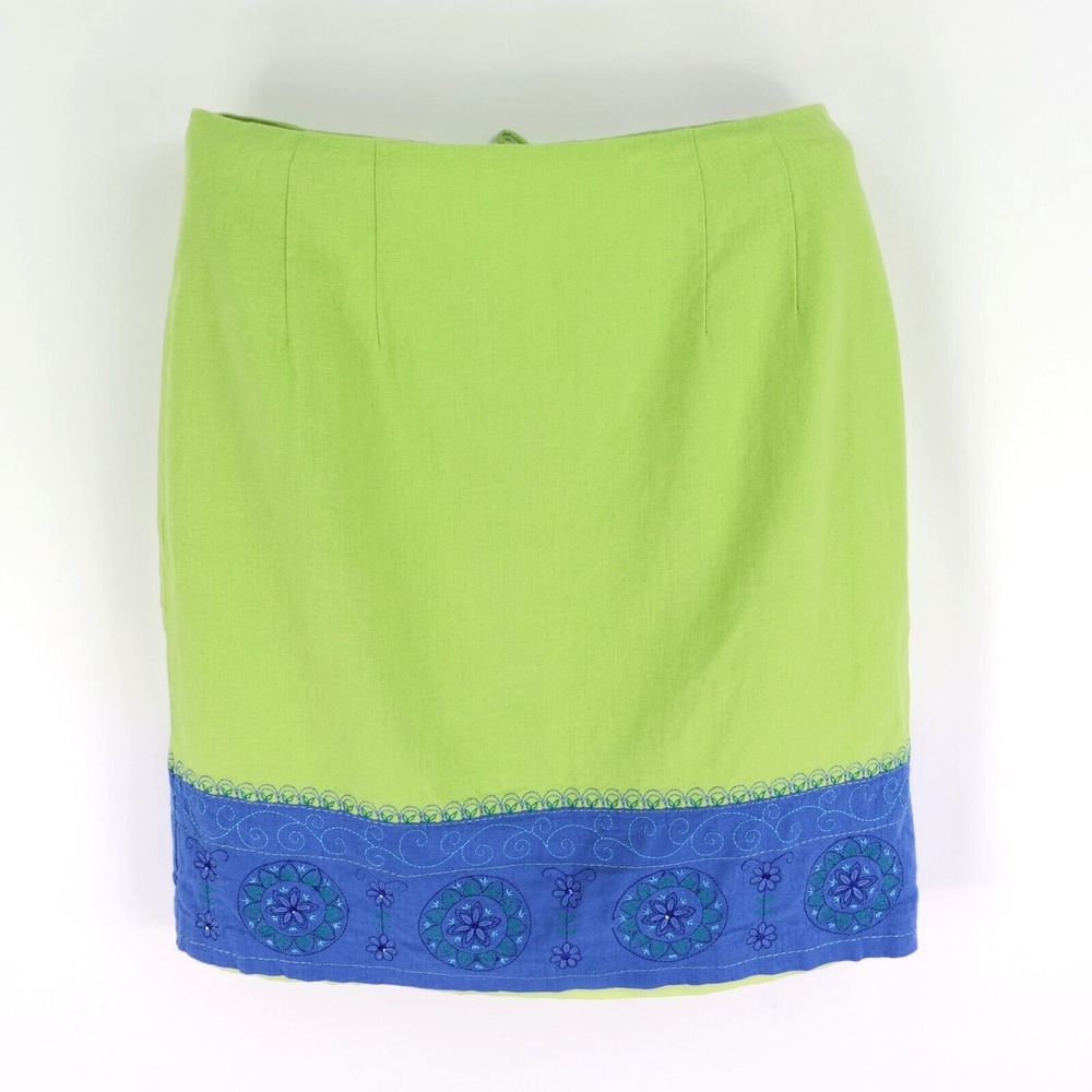 Ali Miles Pencil Skirt‎ Womens Size 10P Green Blue Linen Blend Embroidered Lined